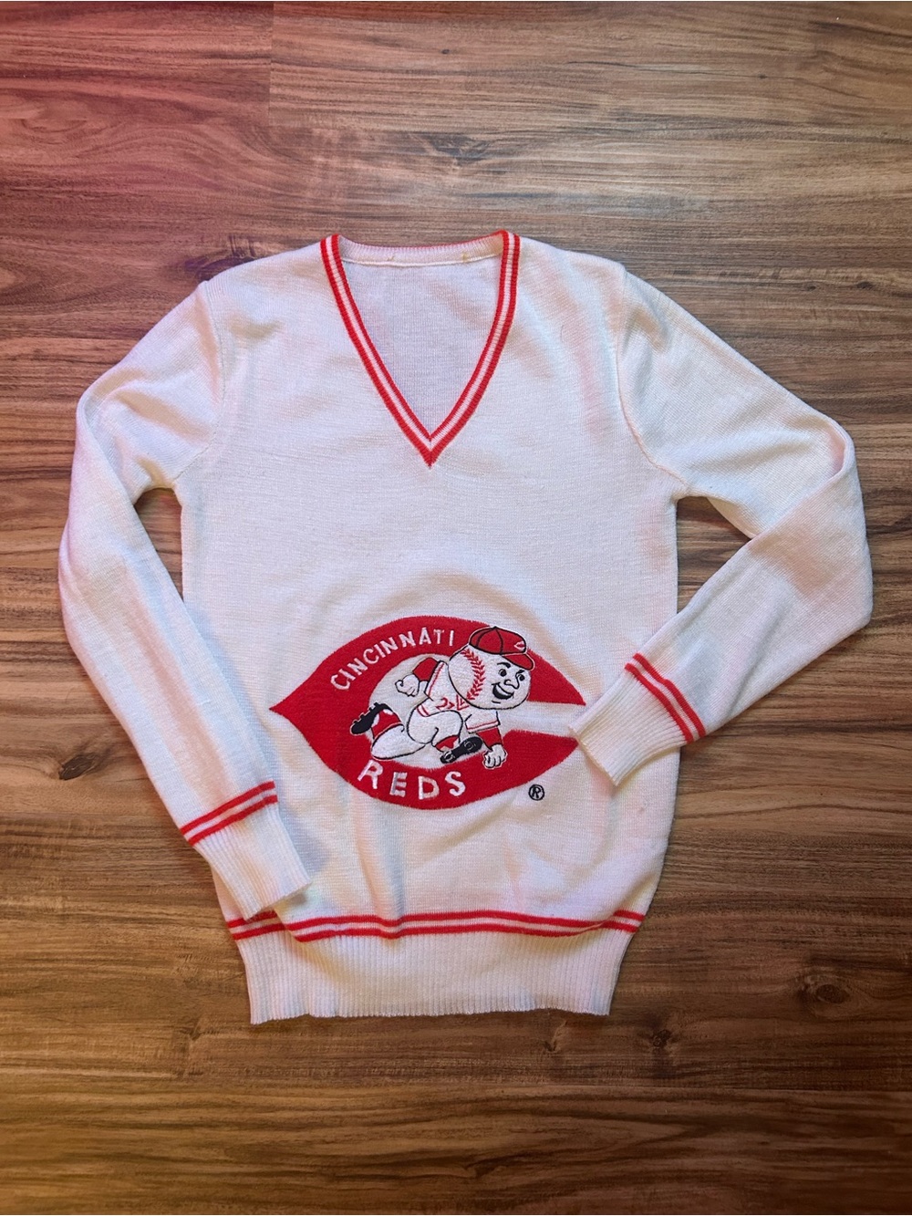 Cincinnati Reds White V-Neck Baseball Sweater with Red Trim